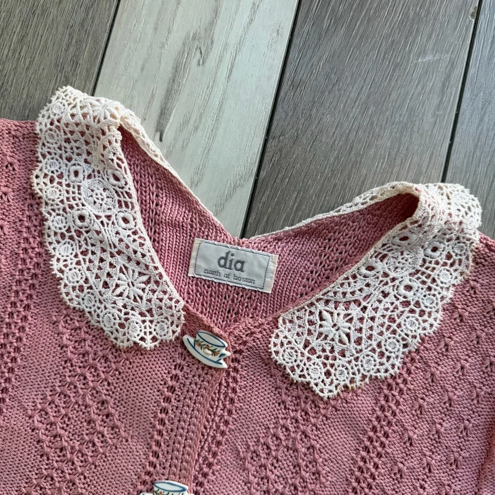 Día North Of Boston 1987 Vintage Cardigan With Teapots & Teacups Buttons - Picture 2 of 10
